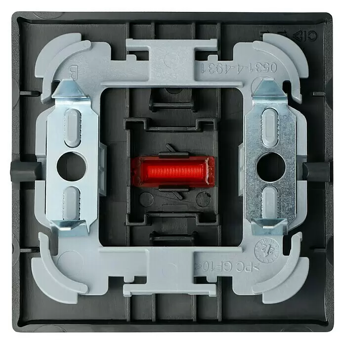 Busch-Jaeger Future Linear Kontrollschalterwippe 1789-81 - Anthrazit, Kunststoff - Rückansicht eines dunkelgrauen Schaltermechanismus mit hellgrauem Montagerahmen, Metallklammern und rotem Bauteil.