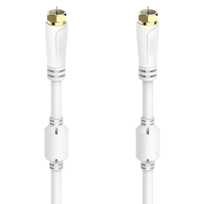 Hama SAT-AnschlusskabelWeiß, 10 m, 100 dB - Zwei weiße Hama Antennenkabel mit goldenem Stecker auf schwarzem Hintergrund.