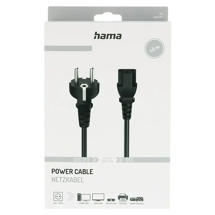 Hama Netzkabel 3-pol.-Kaltgerätezuleitung - Schwarz, Länge: 1,5 m - Abbildung einer Verpackung eines Hama Stromkabels, das mit CEE 7/7- und C13-Steckern und einer Länge von 1,5 m ausgestattet ist.
