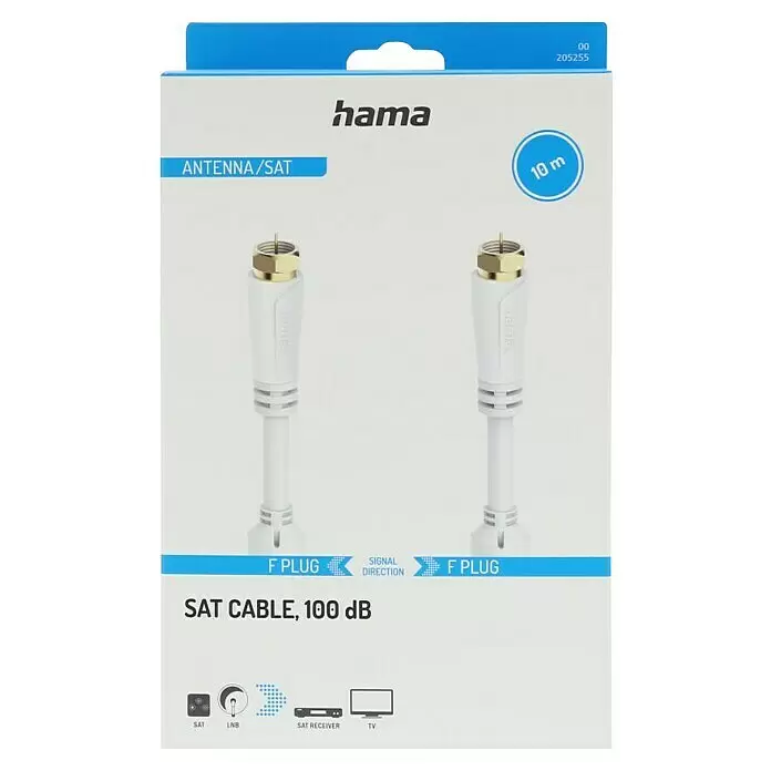 Hama Koaxialkabel - 10 m, Weiß, Schirmungsmaß: 100 dB - Weißes Hama SAT-Kabel (10m, 100 dB) mit goldenen F-Steckern.