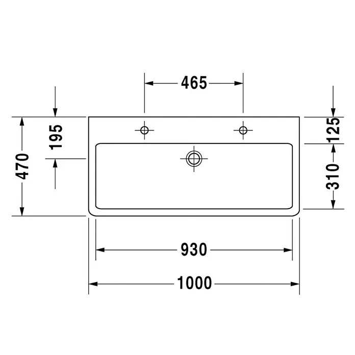 Duravit Vero Doppelwaschtisch - 100 x 47 cm, Ohne Spezialglasur, Hahnloch: Mitte, Mit Überlauf, Weiß, Geschliffen - Draufsicht auf ein Duravit Waschbecken mit Maßangaben, die die Abmessungen des Waschbeckens und des Beckens selbst zeigen.