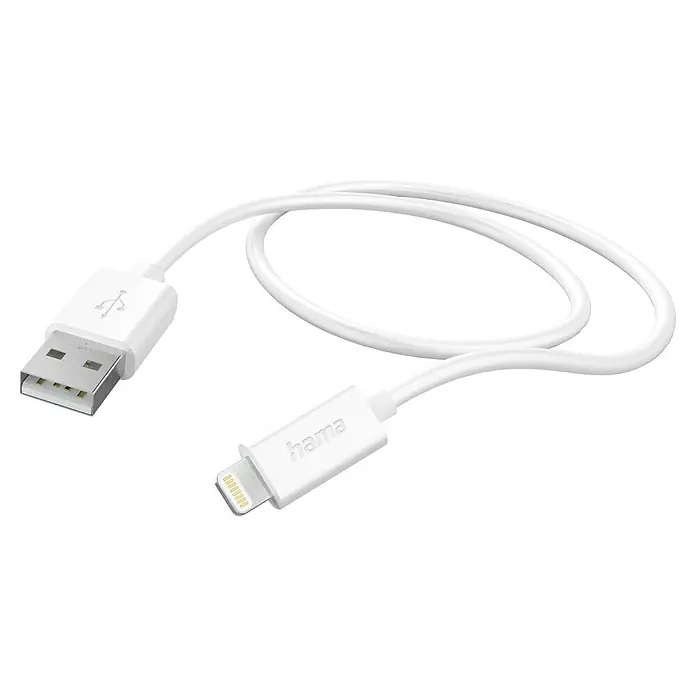 Hama USB-Kabel USB-A - Lightning - Weiß, Länge: 1 m, Lightning-Stecker - Weißes Hama Ladekabel mit USB- und Lightning-Anschluss zum Aufladen von Smartphones und Tablets. Das Kabel ist auf einem schwarzen Hintergrund zu sehen.