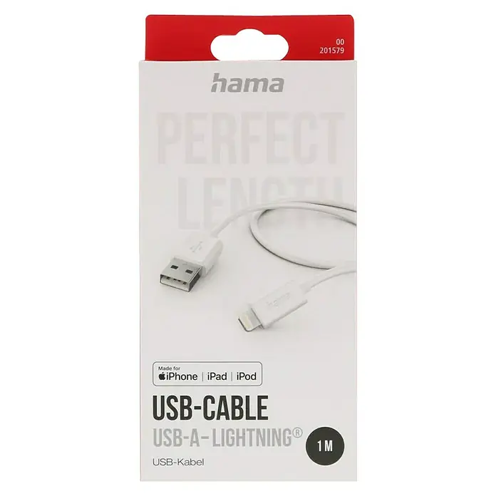 Hama USB-Kabel USB-A - Lightning - Weiß, Länge: 1 m, Lightning-Stecker - Produktbild einer Hama USB-A auf Lightning Kabelverpackung, geeignet für iPhone, iPad und iPod, mit einer Länge von 1 Meter.