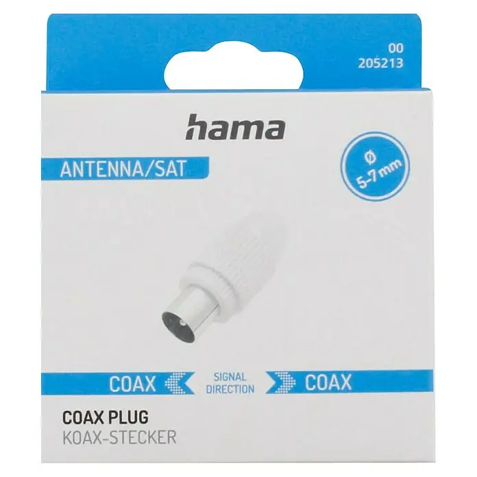 Hama Koax-Stecker - 1 Stk., Weiß - Nahaufnahme einer Hama Koax-Stecker-Verpackung, geeignet für Antennen- und Satellitenanschlüsse mit einem Durchmesser von 5–7 mm.