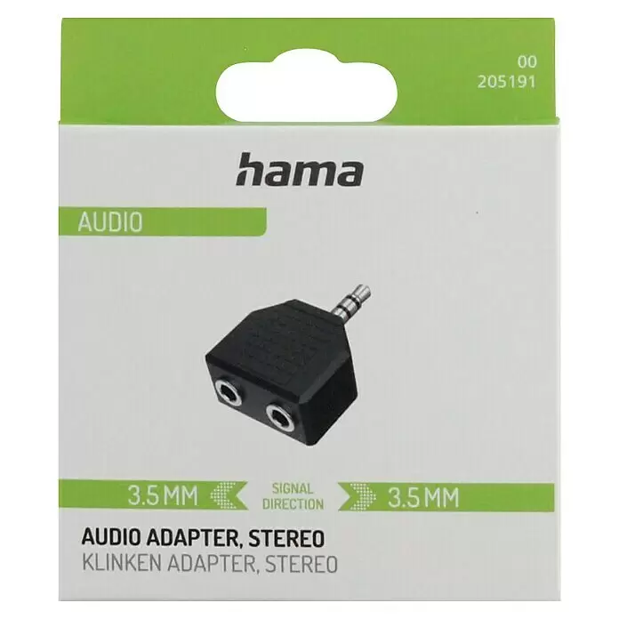 Hama Audio-Adapter 3,5-mm-Klinkenstecker - 3,5-mm-Klinkenkupplung - Schwarzer Hama 3,5mm Stereo-Audio-Splitter mit einem Stecker und zwei Buchsen.