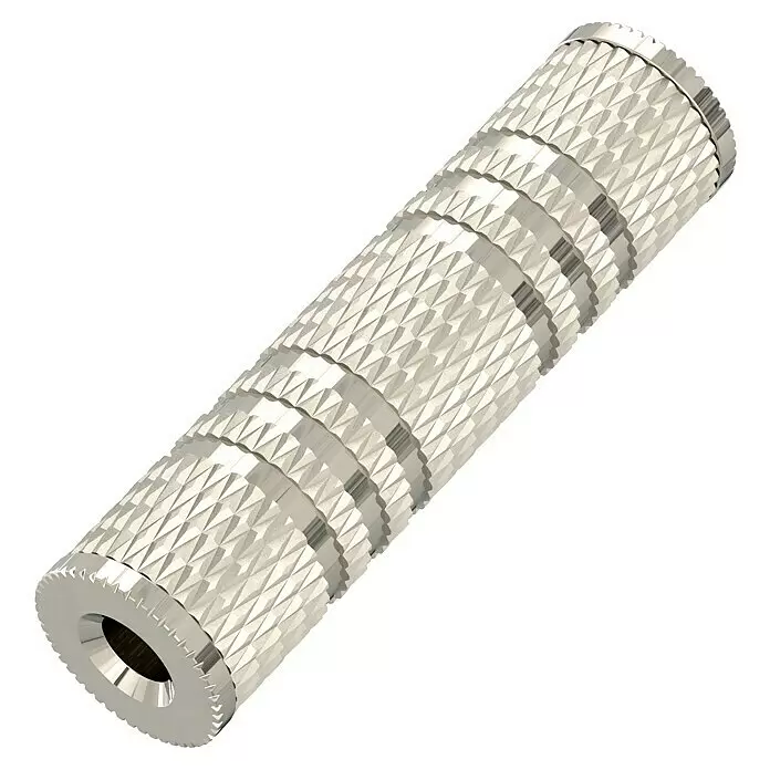 Hama Audio-Adapter Stereo - 3,5-mm-Klinkenkupplung - Silberner Metall-Klinkenadapter mit gerändeltem Griff.