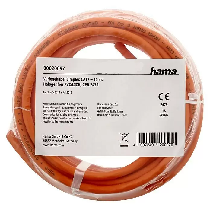 Hama Netzwerkleitung CAT 7 - Länge: 10 m, Orange, Bis zu 10 Gbit/s - Aufgewickeltes orangefarbenes Hama CAT7 10m halogenfreies Verlegekabel mit Produktetikett.