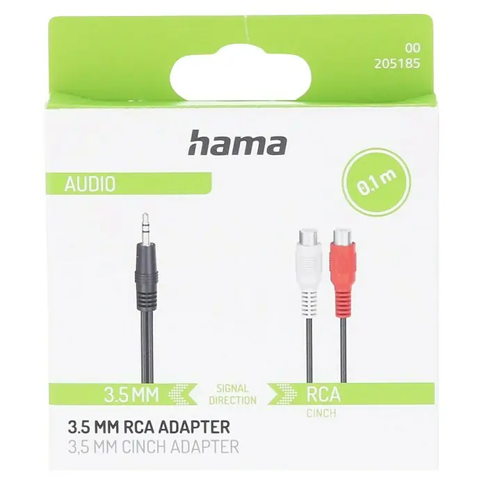 Hama Audio-Adapter 2x Cinch-Kupplung - 3,5-mm-Klinken-Stecker - Länge: 0,1 m - Ein Hama 3,5 mm Klinke auf Cinch Adapterkabel, zur Audioübertragung von Geräten mit Klinkenanschluss an Geräte mit Cinch-Eingang.