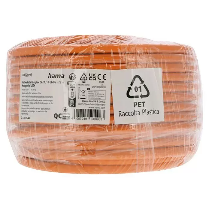 Hama Netzwerkleitung CAT 7 - Länge: 25 m, Orange, Bis zu 10 Gbit/s - Aufgerolltes orangefarbenes CAT7 Datenkabel (25m, 10 Gbit/s, LSZH) in Klarsichtfolie mit Produktetikett.