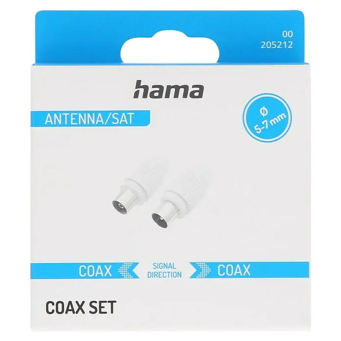 Hama Koax-Set Stecker / Kupplung, klemmbar - Weiß - Nahaufnahme der Verpackung eines Hama Koax-Sets für Antennen/SAT-Anschlüsse, Durchmesser 5-7 mm.