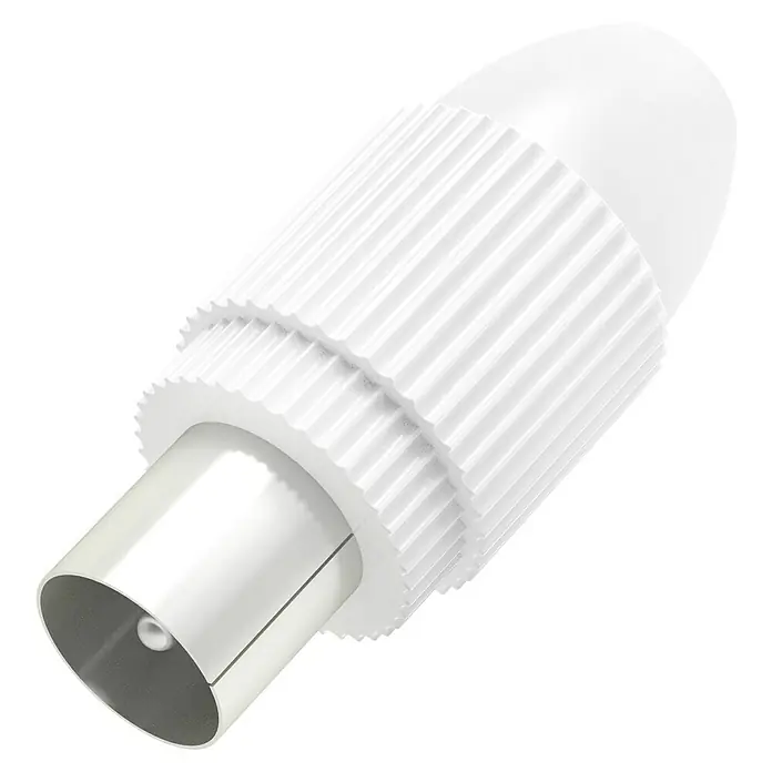 Hama Koax-Stecker - 1 Stk., Weiß - Nahaufnahme eines weißen Koaxialkabelsteckers, der für eine sichere und zuverlässige Verbindung sorgt. Ideal für TV- und Antennenanschlüsse.