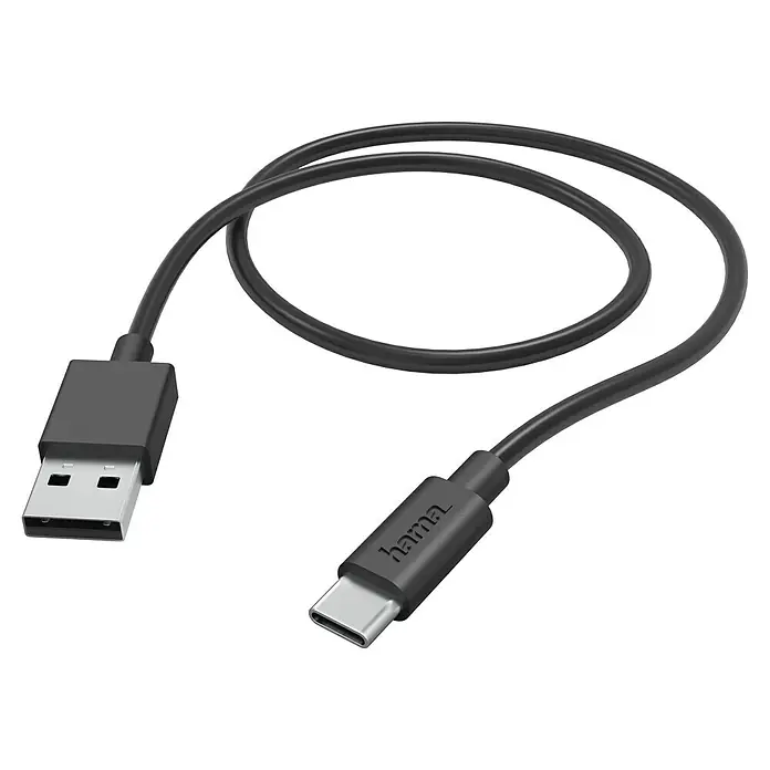 Hama USB-Kabel USB-A - USB-C - 1 m, USB A-Stecker, Schwarz - Ein schwarzes Hama USB-Kabel mit einem USB-A-Stecker an einem Ende und einem USB-C-Stecker am anderen Ende. Das Kabel ist aufgerollt.