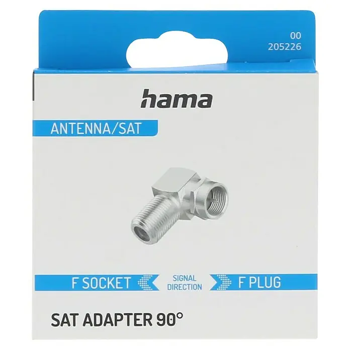 Hama SAT-Adapter - F-Kupplung, Einseitig gewinkelt - Ein Hama SAT Adapter 90° für Antenne/SAT-Anwendungen. Er verfügt über einen F-Stecker und eine F-Buchse zur Signalübertragung.