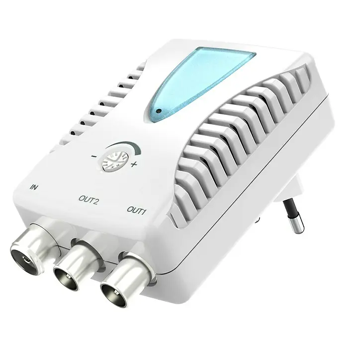 Hama Signalverstärker BK / CATV-Verstärker für 2 Geräte - Koax-Kupplung - Nahaufnahme eines weißen Antennenverstärkers mit Antennenanschlüssen, Drehknopf und blauem Licht.