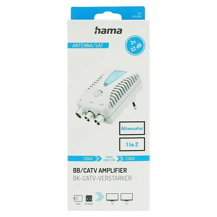 Hama Signalverstärker BK / CATV-Verstärker für 2 Geräte - Koax-Kupplung - Abbildung einer Hama BB/CATV Verstärker Verpackung, die einen Antennen-/Satelliten-Signalverstärker mit 2 x 22 dB und einen Abschwächer zeigt.