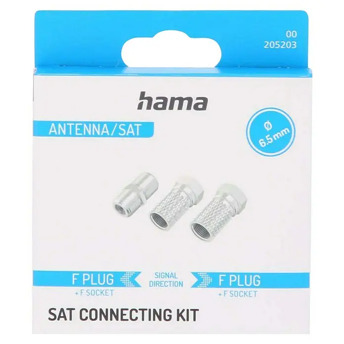 Hama F-Stecker-Set - 3 Stk. - Verpackung eines Hama SAT-Verbindungssets mit F-Steckern und F-Buchsen für Antennen- und Satellitenanschlüsse.