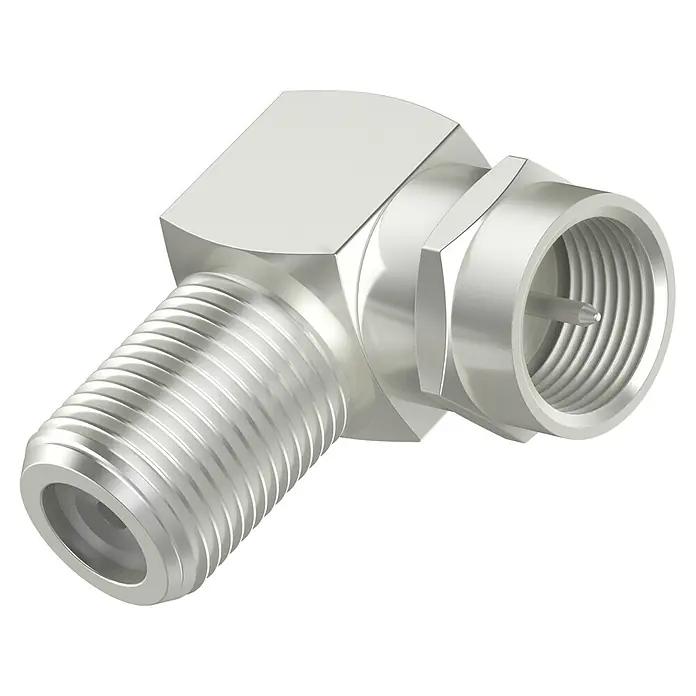 Hama SAT-Adapter - F-Kupplung, Einseitig gewinkelt - Winkel-F-Stecker: Ein robuster, silberner Koaxialkabelverbinder für eine 90-Grad-Verbindung, ideal für enge Räume und sichere Signalübertragung.