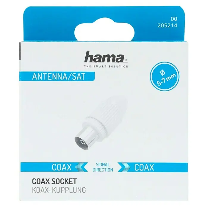Hama Koax-Steckbuchse Antennen-Kupplung klemmbar - Kunststoff, Koax-Kupplung - Bild einer Hama Koax-Kupplung für Antennen/SAT mit einem Durchmesser von 5-7 mm, die für eine sichere Signalübertragung sorgt.