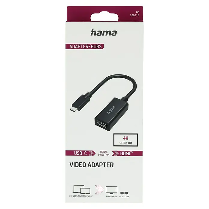 Hama Videoadapter USB-C-Stecker - HDMI-Buchse - Schwarz - Verpackung eines Hama USB-C zu HDMI Videoadapters, der 4K Ultra HD unterstützt, mit Signalrichtungsanzeige für PC, Monitor, TV und Projektor.
