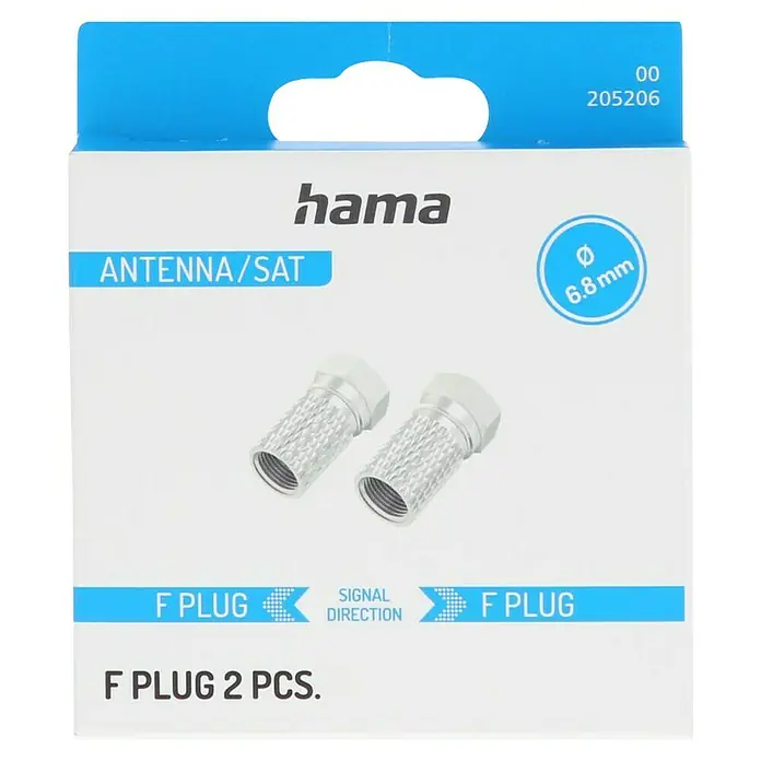 Hama F-Stecker 2 Stück - Außendurchmesser: 6,8 mm - Eine Packung Hama F-Stecker für Antennen und Satelliten mit einem Durchmesser von 6,8 mm, bestehend aus 2 Stück.