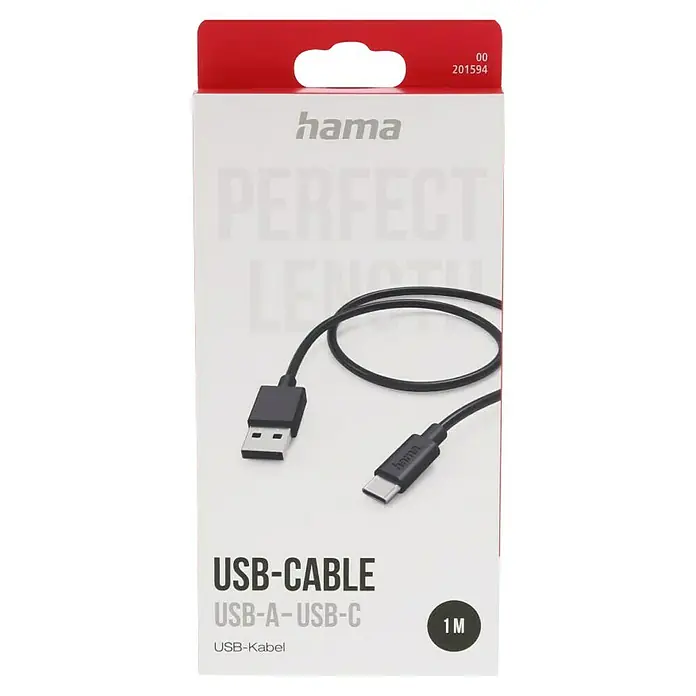 Hama USB-Kabel USB-A - USB-C - 1 m, USB A-Stecker, Schwarz - Produktabbildung einer Hama USB-A-zu-USB-C-Kabelverpackung in Weiß und Rot, die das Kabel und die Marke Hama zeigt.