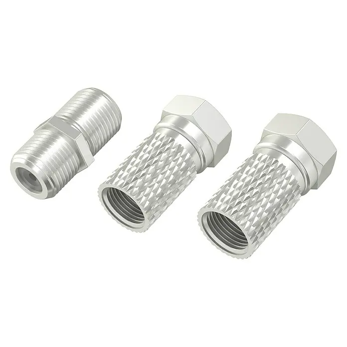 Hama F-Stecker-Set - 3 Stk. - Nahaufnahme von drei F-Steckern, die für Koaxialkabel verwendet werden, auf schwarzem Hintergrund.