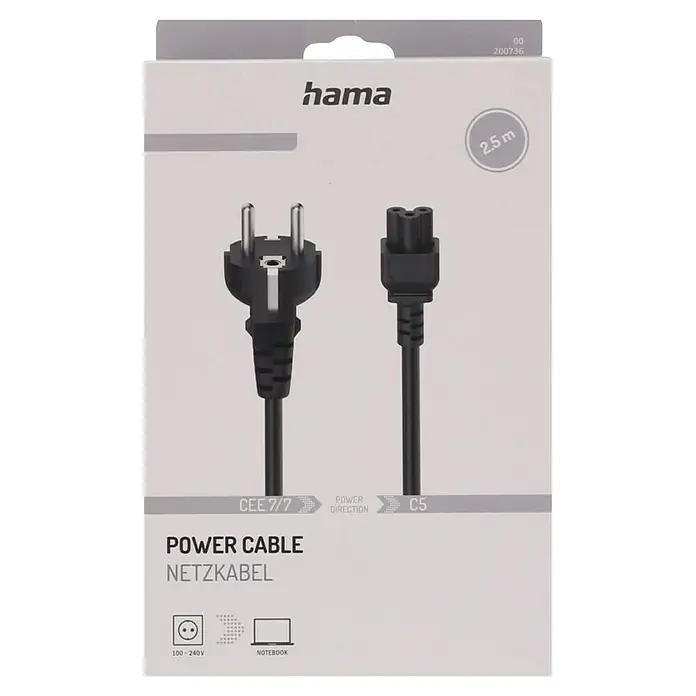 Hama Netzkabel 3-polige Kupplung (Kleeblatt) - Länge: 2,5 cm - Abbildung einer Hama-Verpackung für ein Netzkabel CEE 7/7 auf C5, das für Notebooks geeignet ist und eine Länge von 2,5 m hat.