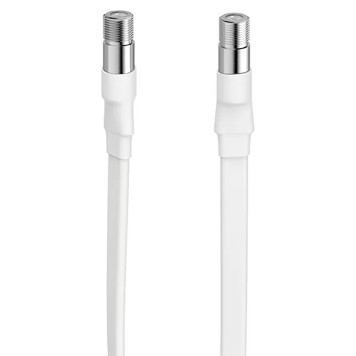 Hama Fensterdurchführung Koax-Kabel - F-Kupplung - Zwei weiße Koaxialkabelsegmente mit silbernen F-Steckern.