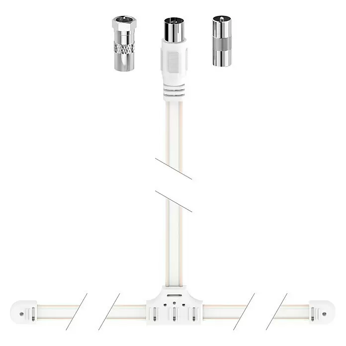 Hama Antenne DAB+-Wurfantenne - Koax-Kupplung, Weiß, Kabellänge: 1,75 m - Weiße flache Indoor-TV-Antenne mit T-förmigem Design und silbernen F-Steckern.