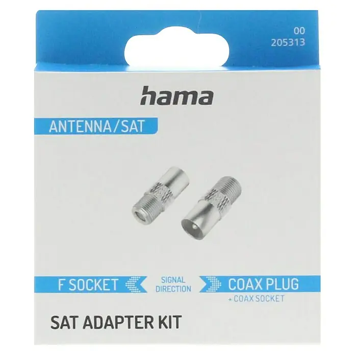 Hama SAT-Adapter Set - 2 Stk. - Produktverpackung für ein Hama Sat-Adapter-Kit, das F-Stecker und Koax-Stecker für Antennen- und Satellitenanschlüsse enthält.