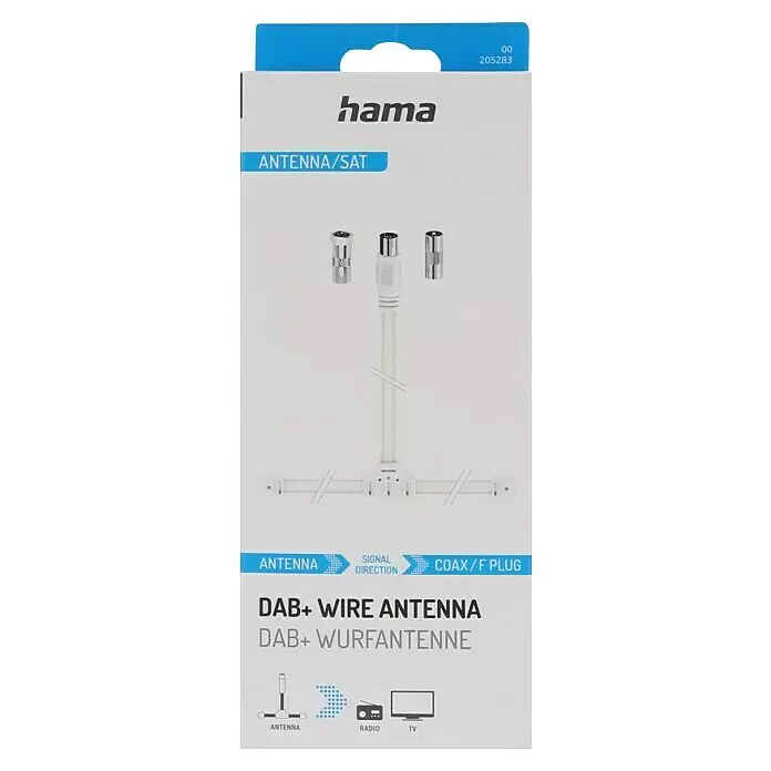 Hama Antenne DAB+-Wurfantenne - Koax-Kupplung, Weiß, Kabellänge: 1,75 m - Hama DAB+ Wurfantenne in weißer Verpackung mit silbernen Anschlüssen, für Radio und TV.