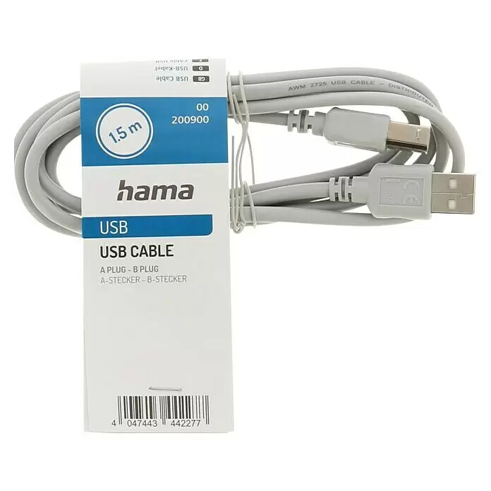 Hama Verbindungskabel USB-A, USB-B - Länge: 1,5 m - Graues Hama 1,5m USB-Kabel, A-Stecker auf B-Stecker, ordentlich aufgerollt und verpackt.