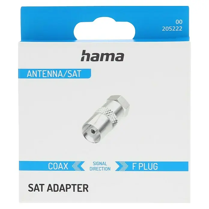 Hama SAT-Adapter - F-Stecker - Abbildung eines Hama SAT-Adapters, ein F-Stecker zum Verbinden von Antennenkabeln. Ideal für den Anschluss von Satellitenanlagen.