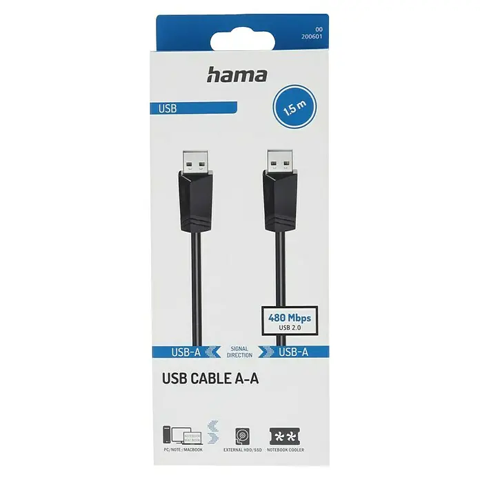 Hama USB-Kabel - 1,5 m, USB A-Stecker, Schwarz - Verpackung eines Hama USB-A auf USB-A Kabels, 1,5 m lang, mit 480 Mbps USB 2.0 Datenübertragung, geeignet für PC, Notebook, externe Festplatten.