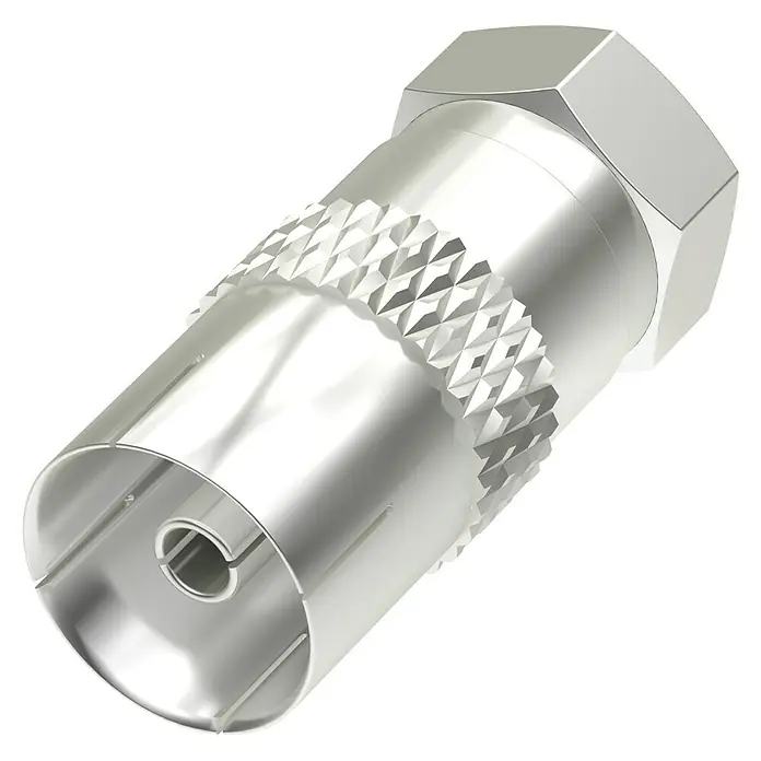 Hama SAT-Adapter - F-Stecker - Nahaufnahme eines F-Steckers, ein Koaxialkabelverbinder für den Anschluss an Fernsehgeräte und Videogeräte.