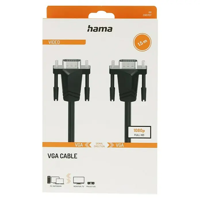 Hama VGA-Kabel Full-HD 1080p - Länge: 1,5 m, Doppelt geschirmt - Produktverpackung für ein Hama VGA-Kabel, 1,5 m Länge, unterstützt 1080p Full HD-Auflösung für PC, Notebook, Monitor, TV und Projektor.