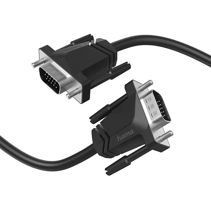 Hama VGA-Kabel Full-HD 1080p - Länge: 1,5 m, Doppelt geschirmt - Schwarzes VGA-Kabel mit zwei silberfarbenen DB-15-Steckern und Rändelschrauben.