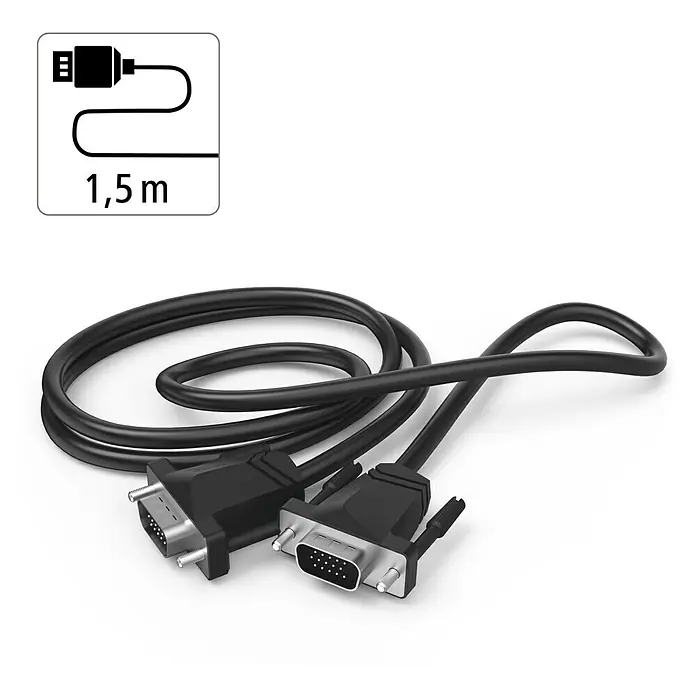 Hama VGA-Kabel Full-HD 1080p - Länge: 1,5 m, Doppelt geschirmt - Schwarzes VGA-Kabel mit zwei Anschlüssen und einer Länge von 1,5 Metern für Monitorverbindungen.