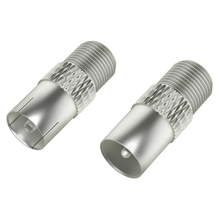 Hama SAT-Adapter Set - 2 Stk. - Zwei silberne F-Stecker-Koaxialkabelverbinder, die für den Anschluss von Koaxialkabeln verwendet werden, wobei der Fokus auf den Gewinden und Verbindungsdetails liegt.