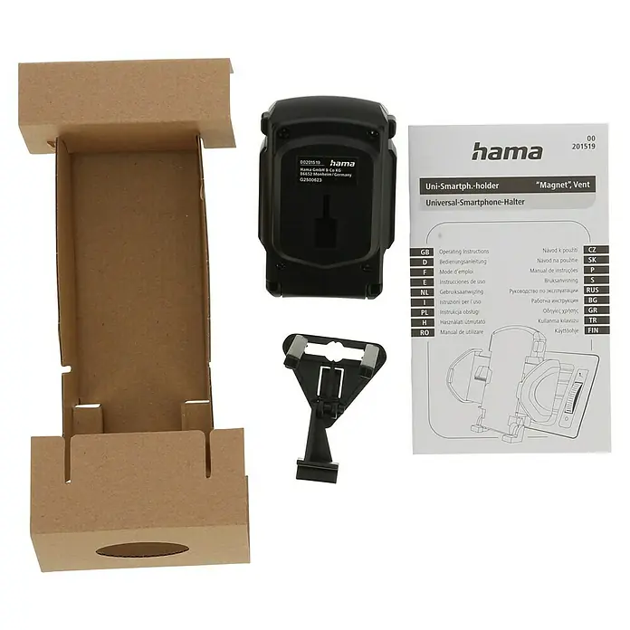 Hama Kfz-Smartphone-Halterung Move für Lüftung - Passend für: Smartphones mit einer Breite von 4,5 - 9 cm - Abgebildet ist eine Hama Universal-Smartphone-Halterung mit Zubehör und Verpackung.