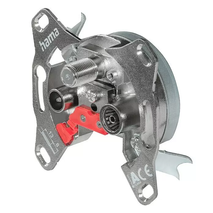 Hama SAT-Antennendosen-Einsatz 0dB, 4in1 - Silber - Rückansicht einer silber-grauen Hama Antennen-Wanddosen-Einsatz aus Metall mit roten Befestigungskrallen und Anschlüssen.