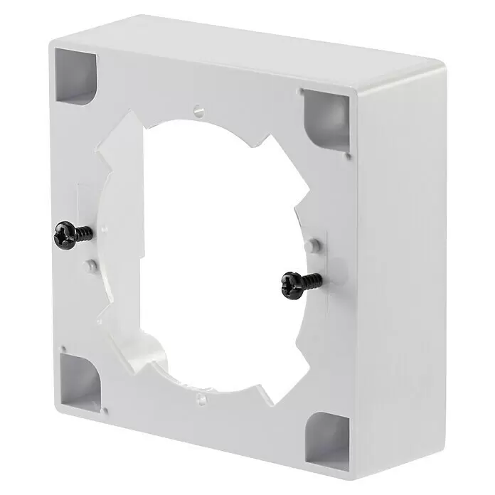 Hama Aufputzrahmen für SAT- / Antennendose - L x B x H: 2,8 x 8 x 8 cm, Reinweiß - Weiße Kunststoff-Montagebox mit zentraler runder Öffnung, Eckaussparungen und zwei schwarzen Schrauben.