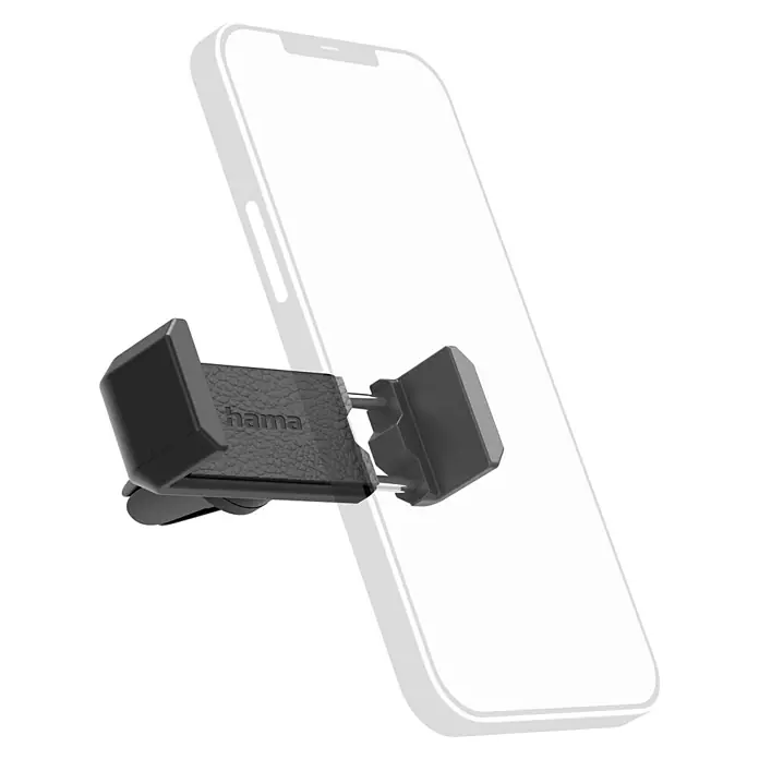 Hama Kfz-Smartphone-Halterung Compact für Lüftung - Passend für: Smartphones mit einer Breite von 5,5 - 8,5 cm, 360 ° drehbar - Nahaufnahme einer Hama-Handyhalterung, die an einem Smartphone befestigt ist. Die Halterung ist schwarz und hat eine strukturierte Oberfläche.