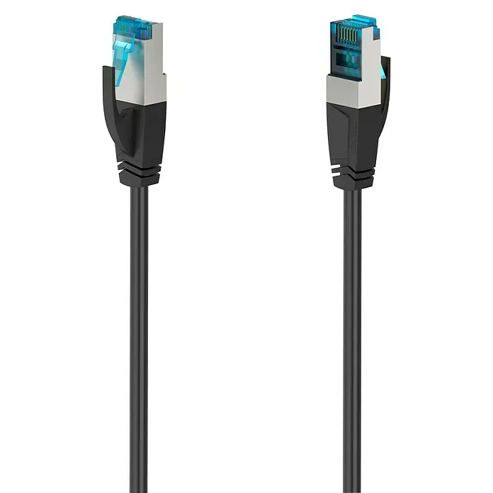 Hama Netzwerk-Kabel CAT-6a - Länge: 0,5 m, Schwarz, RJ45-Stecker, Bis zu 10 Gbit/s - Das Bild zeigt ein LAN-Kabel mit zwei RJ45-Steckern an den Enden, die für eine stabile Netzwerkverbindung sorgen.