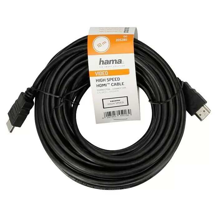 Hama HDMI-Kabel High Speed - Schwarz, 10 m - Schwarzes Hama High-Speed HDMI-Kabel, 10 Meter lang, aufgerollt mit Produktetikett.
