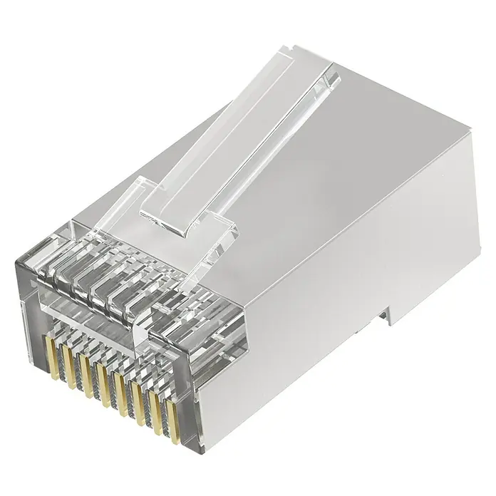 Hama Netzwerk-Stecker - RJ45-Stecker, Silber/Transparent, 10 Stk. - Nahaufnahme eines RJ45-Steckers. Das transparente Gehäuse zeigt die goldenen Kontakte und den Verriegelungsmechanismus.