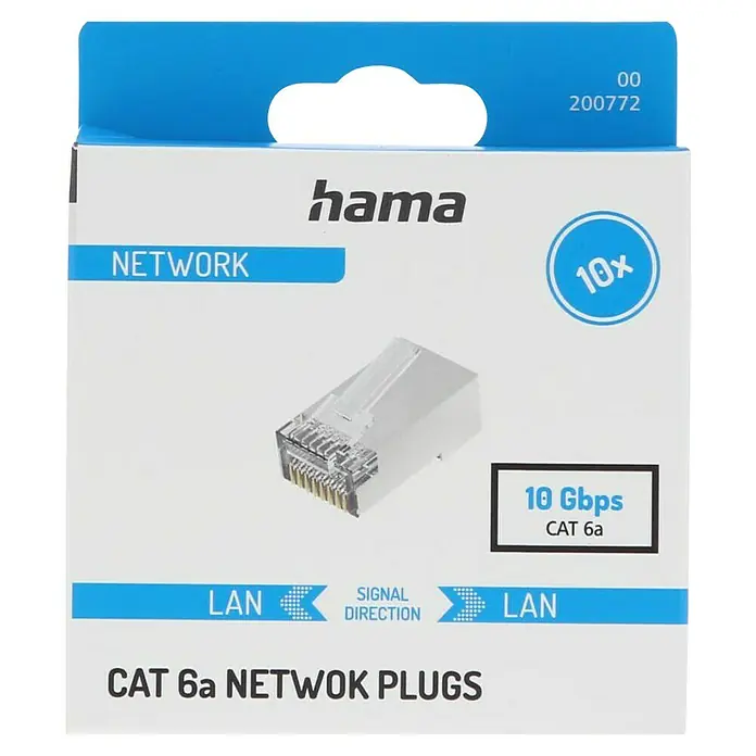 Hama Netzwerk-Stecker - RJ45-Stecker, Silber/Transparent, 10 Stk. - Produktverpackung für Hama CAT 6a Netzwerkstecker, die 10 Gbps Datenübertragung unterstützen und in einer 10er-Packung erhältlich sind.