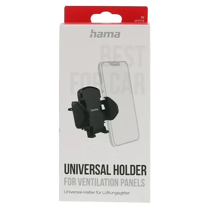 Hama Kfz-Smartphone-Halterung Move für Lüftung - Passend für: Smartphones mit einer Breite von 4,5 - 9 cm - Abbildung einer Hama Universalhalterung für Lüftungsgitter im Auto. Das Produkt ist in einer weißen Verpackung mit rotem Rand dargestellt.