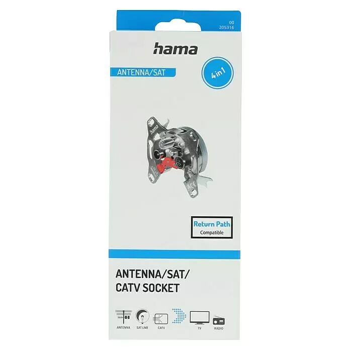 Hama SAT-Antennendosen-Einsatz 0dB, 4in1 - Silber - Hama 4-in-1 Antennen-/SAT-/CATV-Dose aus Metall mit roten Akzenten für TV- und Radioanschlüsse.