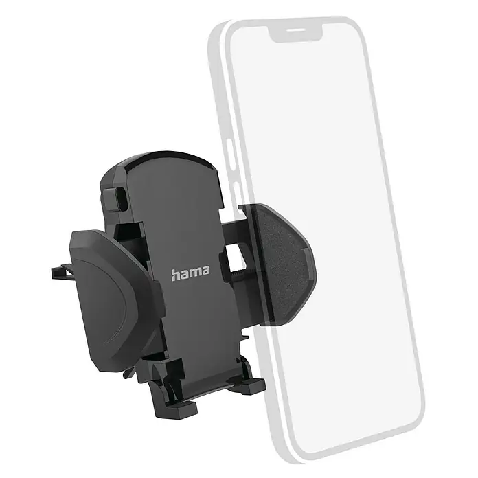 Hama Kfz-Smartphone-Halterung Move für Lüftung - Passend für: Smartphones mit einer Breite von 4,5 - 9 cm - Eine Nahaufnahme einer Hama KFZ-Handyhalterung mit einem eingesetzten Smartphone. Der Halter ist schwarz und das Smartphone hat ein graues Display.